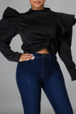 White Fashion Casual Solid Patchwork Flounce Half A Turtleneck Tops