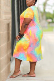 Yellow and pink Polyester Casual O Neck Print Tie Dye Pattern Plus Size