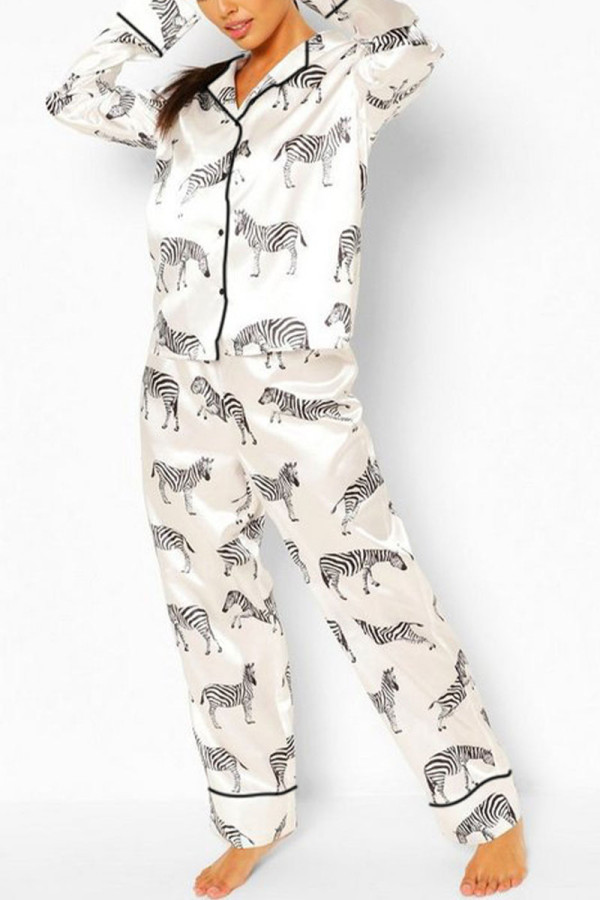White Daily Print Buttons Turndown Collar Long Sleeve Two Pieces