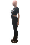 Red Fashion Casual Letter Print Fold O Neck Short Sleeve Two Pieces
