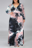 Blue Purple Fashion Casual Print Tie-dye V Neck Long Sleeve Plus Size Dress