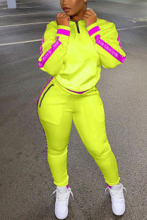 Fluorescent Yellow Fashion Casual Adult Polyester Letter Patchwork Split Joint Letter O Neck Long Sleeve Regular Sleeve Regular Two Pieces