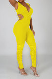 Yellow Fashion Sexy Patchwork Backless Hollow Solid Polyester Sleeveless V Neck Jumpsuits