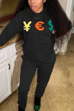 Black Casual Print Hooded Collar Long Sleeve Two Pieces