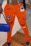 Orange Fashion Casual Print Ripped Skinny High Waist Trousers