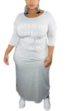 Grey OL O Neck Letter Print Solid Pattern Plus Size