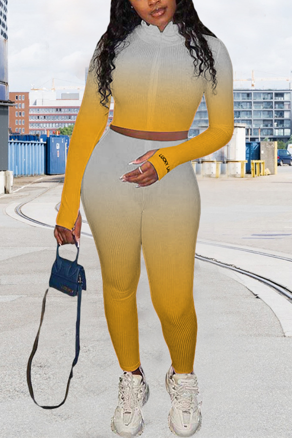 Yellow Casual Print Letter Turndown Collar Long Sleeve Two Pieces