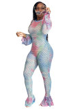 colour Fashion Sexy Print Patchwork Mesh Ruffled Polyester Long Sleeve O Neck Jumpsuits