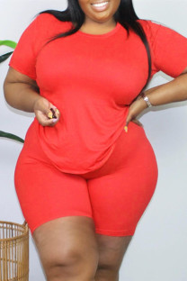 Watermelon Red Fashion Casual Solid Basic O Neck Plus Size Two Pieces