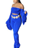 Blue Sexy Solid Patchwork Fold Strapless Long Sleeve Flare Sleeve Short Two Pieces