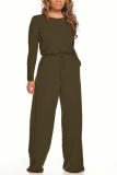 Army Green Fashion Sexy Adult Polyester Solid Draw String O Neck Loose Jumpsuits