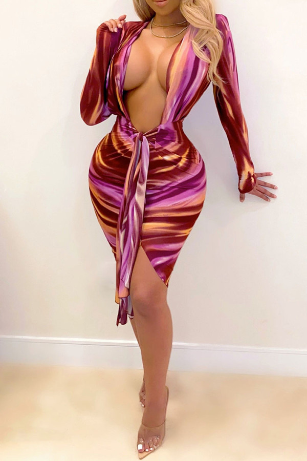 Wine Red Sexy Print Patchwork V Neck Pencil Skirt Dresses