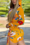 Yellow Polyester Fashion Active Print Two Piece Suits Straight Long Sleeve Two Pieces