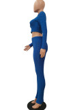 Colorful blue Fashion Casual Adult Polyester Solid Split Joint O Neck Long Sleeve Regular Sleeve Short Two Pieces