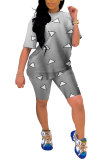 Grey Fashion Casual adult Geometric Patchwork Print Gradient Two Piece Suits Straight Short Sleeve Two Pieces