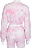 Pink Casual Print Tie-dye O Neck Long Sleeve Two Pieces
