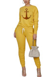 Yellow venetian Fashion Casual adult Ma'am Patchwork Print Two Piece Suits pencil Long Sleeve Two Pieces