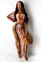 Orange Polyester Sexy Fashion Button crop top Slim fit Two Piece Suits asymmetrical Striped Regular Long Sl