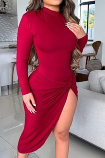 Wine Red Casual Solid High Opening Half A Turtleneck Irregular Dress Dresses