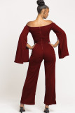 Maroon Sexy Patchwork Solid Ruffled Polyester Long Sleeve one word collar Jumpsuits