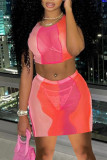 Red Fashion Sexy Print See-through O Neck Sleeveless Two Pieces