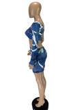 Blue Fashion Sexy Print Hollowed Out Backless One Shoulder Long Sleeve Dresses