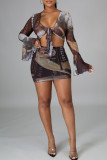 Black Sexy Print Bandage V Neck Long Sleeve Two Pieces
