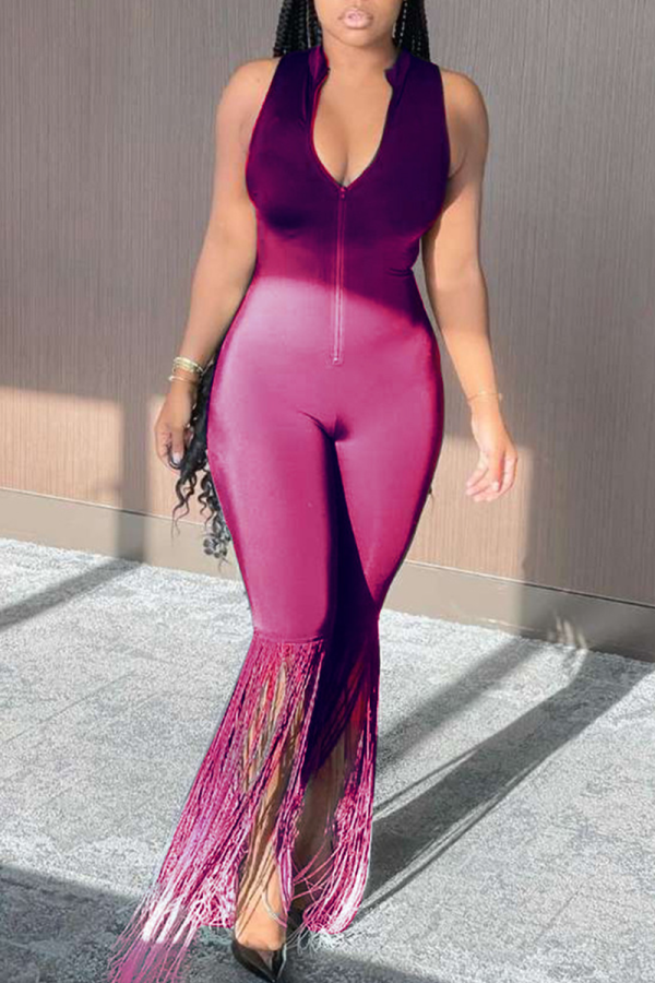 Rose Red Sexy Solid Tassel V Neck Skinny Jumpsuits