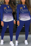 Blue Fashion Casual Gradual Change Letter Print Basic O Neck Long Sleeve Two Pieces