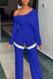 Blue Fashion Casual Striped Patchwork Oblique Collar Long Sleeve Two Pieces
