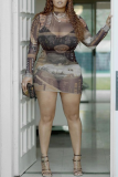 Brown Sexy Print Patchwork See-through Half A Turtleneck Pencil Skirt Dresses
