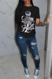 White Fashion Casual Print Basic O Neck T-Shirts