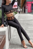 Black Fashion Sexy Patchwork Solid See-through O Neck Long Sleeve Two Pieces