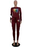 Wine Red Casual Fashion adult Fluorescent Two Piece Suits Print Lips Print Loose Long Sleeve Two-p