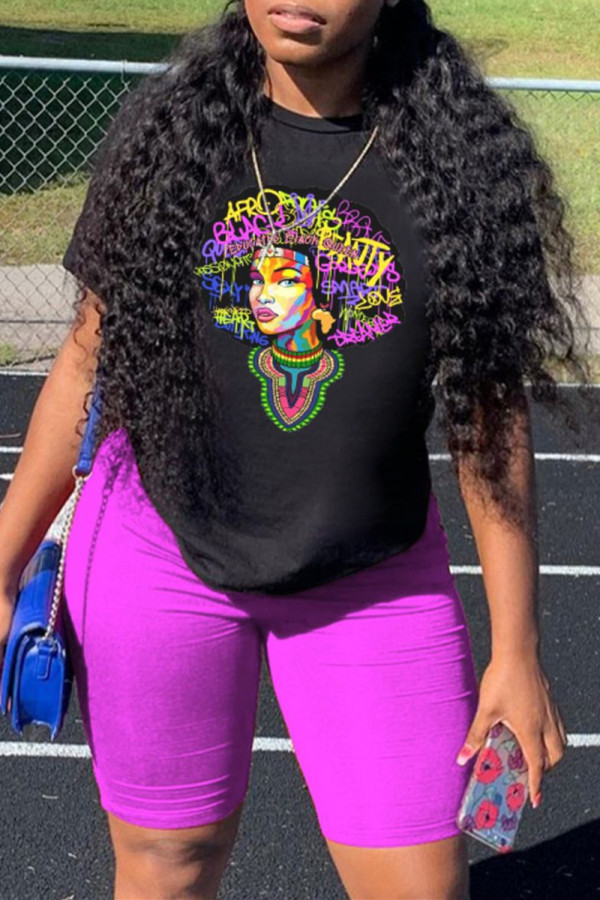 Black Fashion Casual Print Basic O Neck T-Shirts