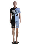 Pink Fashion Casual Letter Print Ripped Patchwork O Neck Short Sleeve Two Pieces