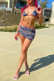 Blue Fashion Sexy Print Backless Swimwears Three-piece Set