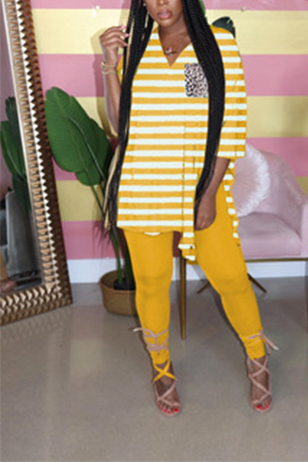 Yellow Milk Silk Casual Striped Print pencil Long Sleeve Two Pieces