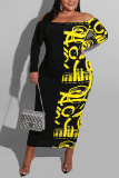 Red Casual Print Patchwork Bateau Neck Wrapped Skirt Dresses