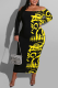 Yellow Casual Print Patchwork Bateau Neck Wrapped Skirt Dresses