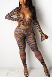 Leopard Print Sexy Print Patchwork Buttons O Neck Long Sleeve Two Pieces