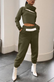 Army Green Casual Solid Patchwork Turtleneck Long Sleeve Two Pieces