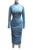 Blue Polyester OL Long Sleeves Turtleneck Hip skirt Ankle-Length Print Draped Dresses