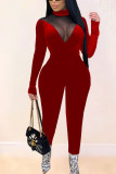 Red Sexy Solid Patchwork O Neck Straight Jumpsuits