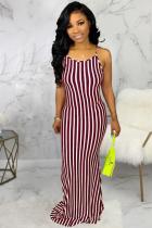 Wine Red Chlorine Fashion Sexy adult Black Blue Wine Red Spaghetti Strap Sleeveless O neck Asymmetrical Floor-Length Striped Print Patchwork bandage backless Dresses