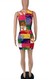 Colour Fashion Sexy Print Hollowed Out Strap Design O Neck Sleeveless Two Pieces