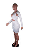 White Twilled Satin Patchwork Solid Pierced Hollowed Out Split Joint Basic Long Sleeve Mini Wrapped Skirt Dresses