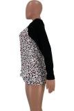 Black Polyester O Neck Long Sleeve Print Leopard asymmetrical Tees & T-shirts