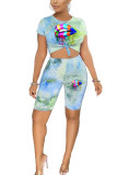 Green and yellow Fashion adult England Ma'am Print Tie Dye Two Piece Suits pencil Short Sleeve Two Pieces