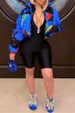 Blue Fashion Casual Solid Basic Zipper Collar Skinny Romper